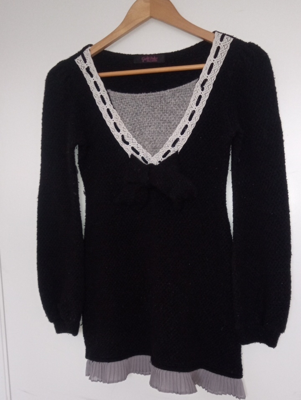 Off-the-Shoulder Black Sweater with Lace Trim